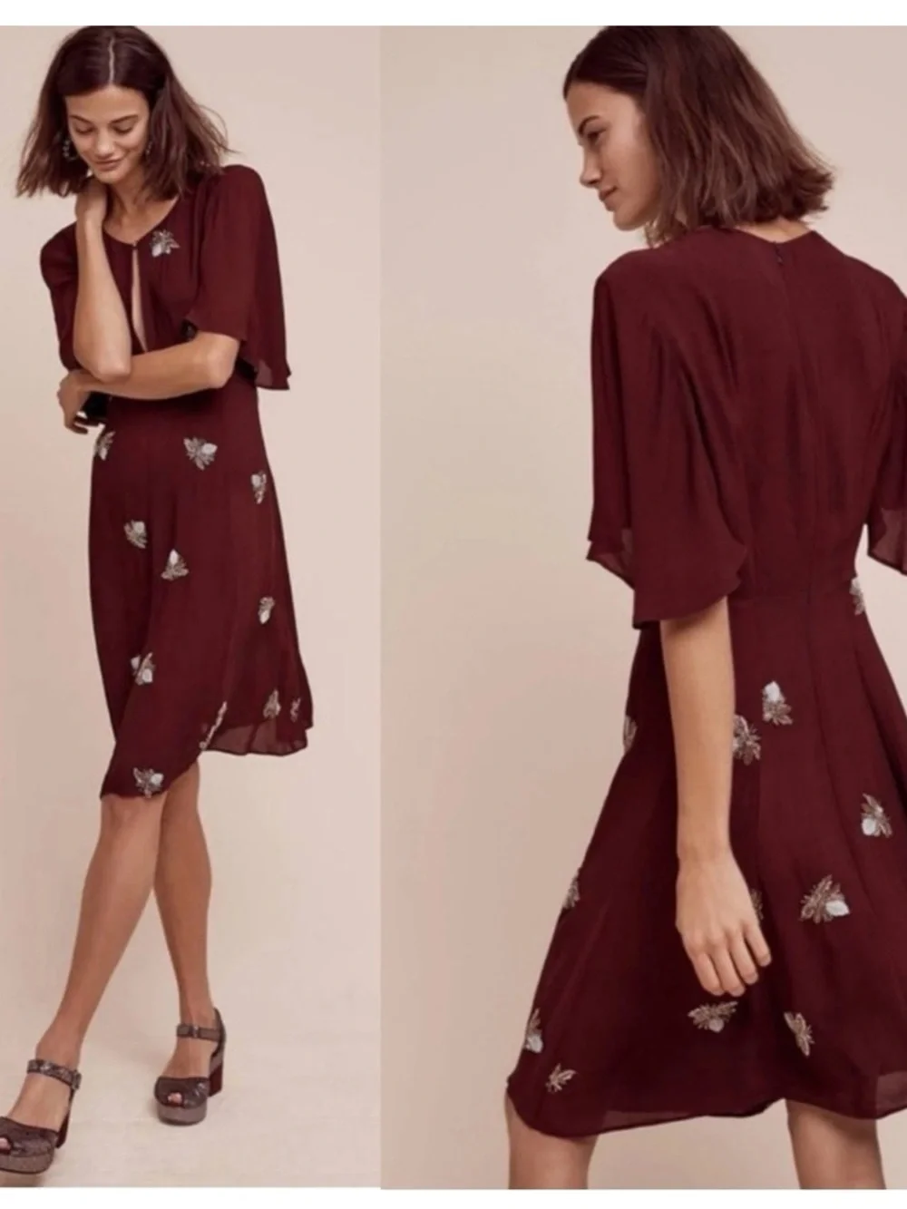 Anthropologie Moulinette Soeurs  Beaded Firefly Fit & Flare Flutter Sleeve Dress